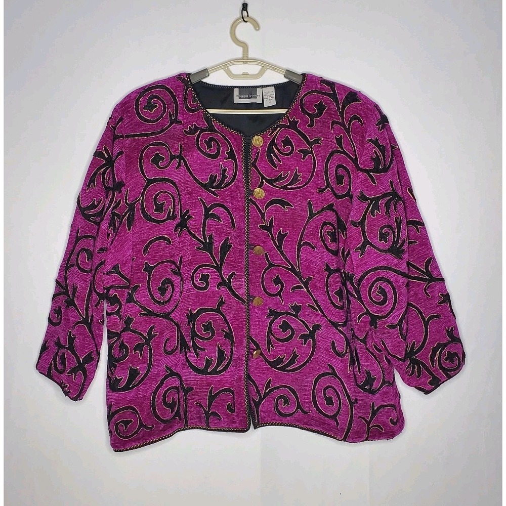 Maggie Barnes Suit Jacket Women 3X Purple Gold Button 3/4 Sleeve Vtg 90s Boho